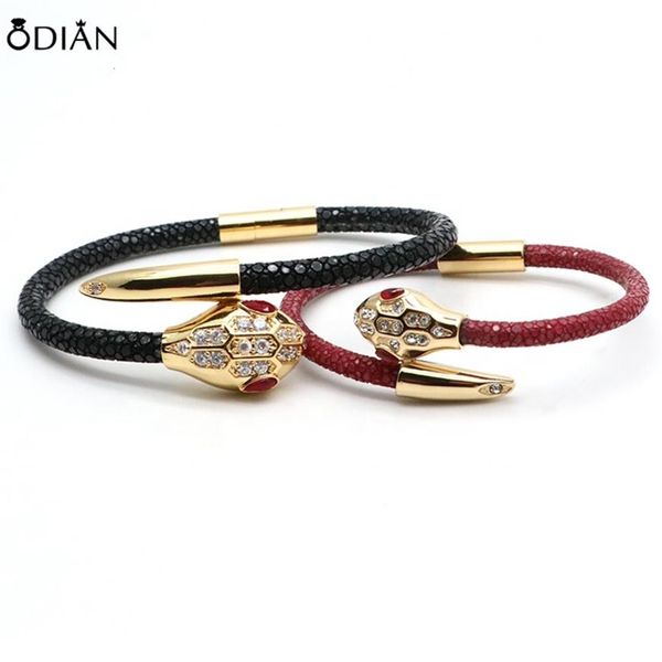 Odian Jewelry High End Quality bracciale in acciaio inossidabile con testa di serpente bracciale in vera pelle di razza e pitone per donna man2538