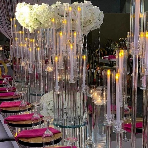 Decoração de festa inteiro 10 braços de haste longa moderno tubo de acrílico transparente furacão suportes de vela de cristal centro de mesa de casamento307S