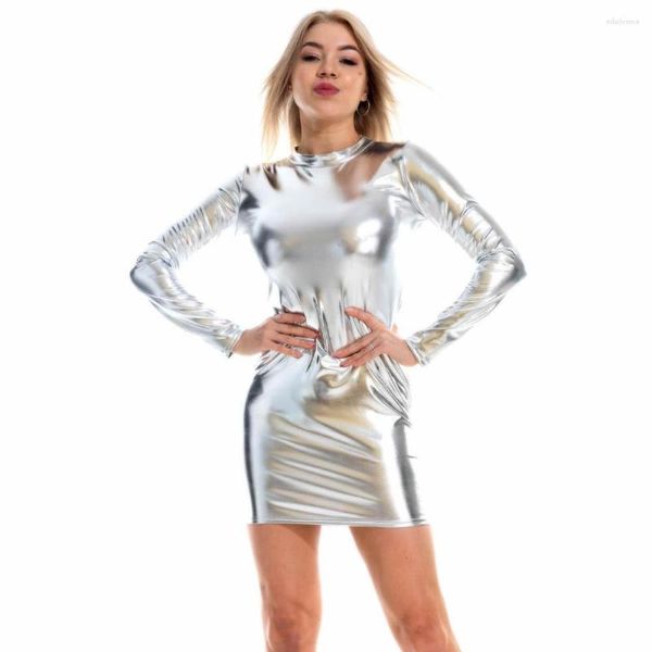 Abiti casual Gioco di ruolo Effetto bagnato Confezione manica lunga lucida Abito hip Abito in finta pelle Minifalda Vestidos Costume da performance Clubwer sexy