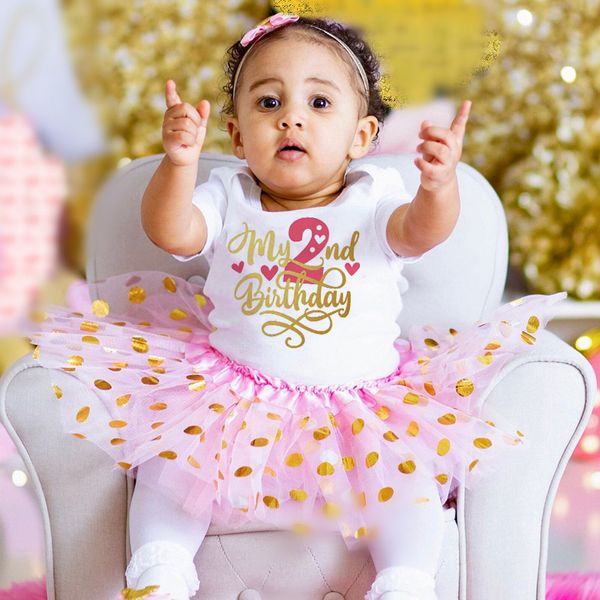 Baby Girls 2Y Birthday Outfit Cake Smash Outfit Camicia di compleanno Tutu + Body per neonati Set Abiti da principessa per feste di compleanno