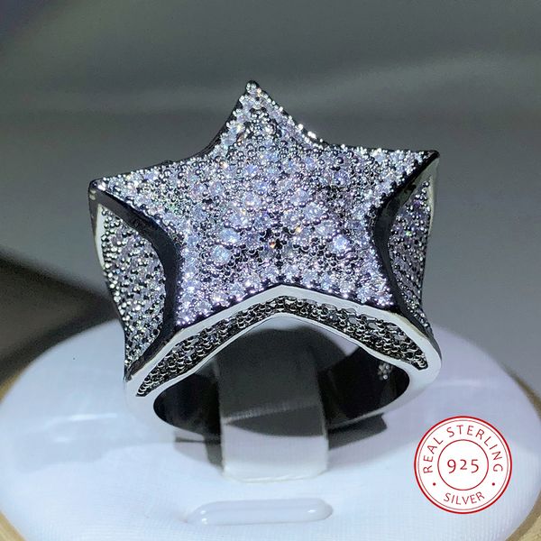 Fedi nuziali in argento 925 di alta qualità Hip Hop Big Five Star Ring per le donne Pave Setting Zircon Ring Party Cookic Jewelry Gift 230718