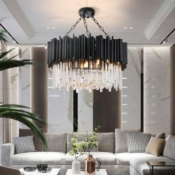 Schwarze moderne Kronleuchterbeleuchtung für Wohnzimmer, luxuriöse runde Kristalllampe, Heimdekoration, Kette, LED-Kristallleuchten, Fixtures274i