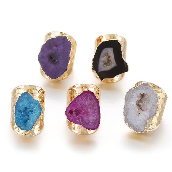 Cluster Ringe Unregelmäßige Geode Echter Stein Loch Offener Ring Für Frauen Lila Kristall Einstellbar 1 stücke Random267H