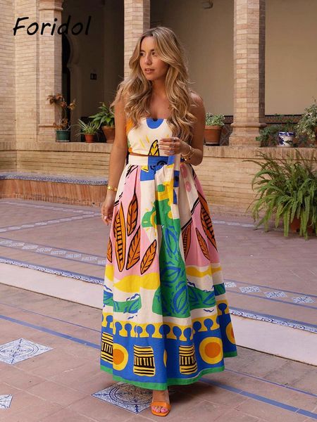 Платье с двумя частями Foridol Fashion Print Lomens Set Set Retro Camis Long Sundress Aline Vesidos 230718