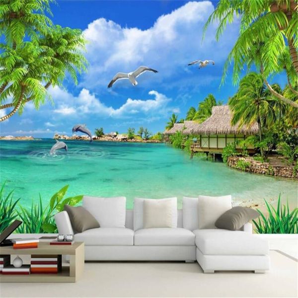 Beibehang po роспись обои HD Кокосовое дерево морское пляж пляж Дельфин Морский ландшафт 3D обои для гостиной Papel Tapiz291s
