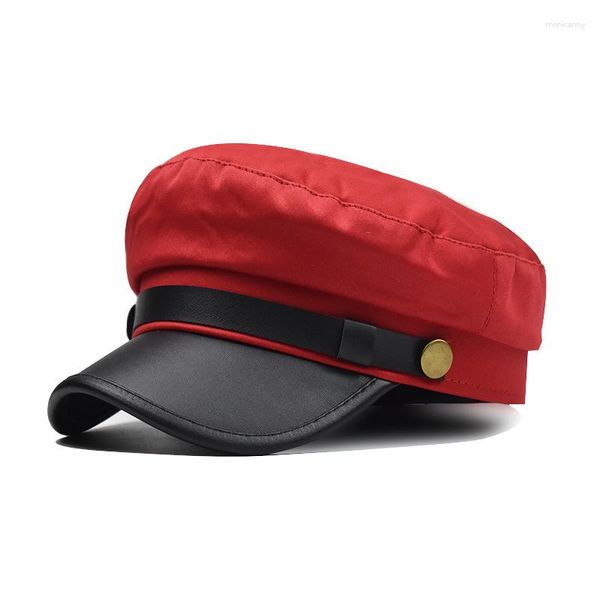 Berets Unisex Frauen Rot und Schwarz Grau Militärhüte Herbst Winter Wolle PU Leder Patchwork Sboy Caps mit Gürtel weiblich