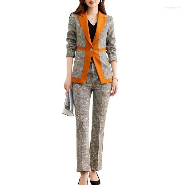 Zweiteilige Damenhose Orange Schwarz Kariertes Büro Damen Formaler Hosenanzug 2023 Frühlingsmode Damen Business Arbeitskleidung Blazer und Hose 2