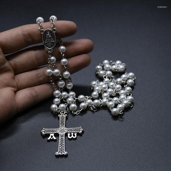 Colares com Pingente Diyalo Branco Imitação de Pérolas Colar Terço Virgen De Covadonga Centro Católico Oração Jóias Mulheres Homens