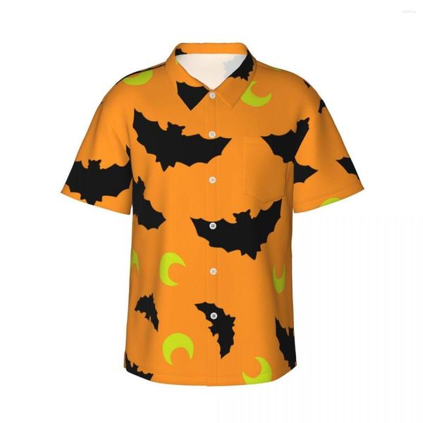 Herren Freizeithemden Hemd Halloween Fledermäuse und Mond Kurzarm Sommer Herren Umlegekragen Knopfkleidung