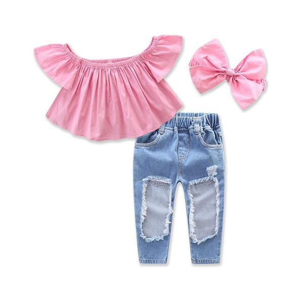 Mädchen Kinder Designer Kleidung Sets Sommer Mode Kinder Mädchen Kleidung Anzug Rosa Bluse Loch Jeans Stirnband 3PCS für Kinder Cloth255t