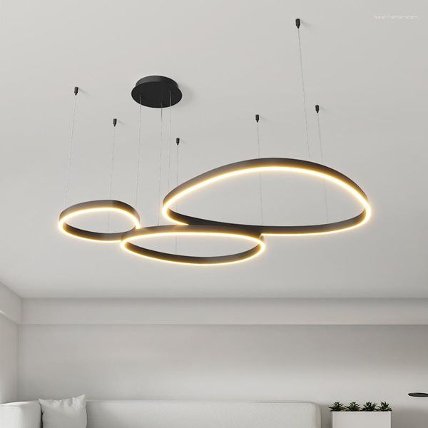 Pendelleuchten Moderne schwarzweiße Farblichter gebürstete Ringe LED-Kronleuchter Hauptbeleuchtung Deckenmontage für Wohnzimmer Schlafzimmer hängend