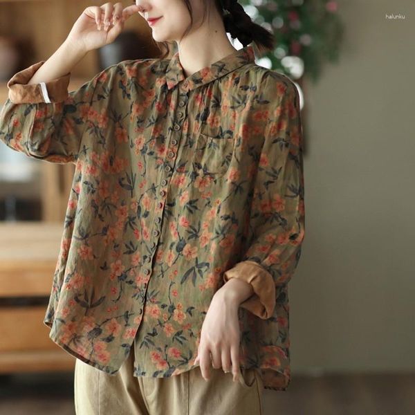 Damenblusen QPFJQD Weiblich Gedruckt Floral Retro Frühling Herbst Langarm Tops 2023 Frauen Taste Lose Leinen Shirts Drehen-unten Farbe