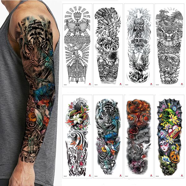 Tatuaggi temporanei impermeabili a braccio pieno Uomini Donne Cool Leg Art Black Fish Dragon Skull Sleeve Grande adesivo falso Glitter Style
