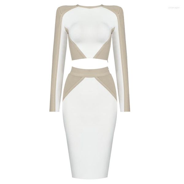 Casual Kleider 2023 Frauen Winter Mode Hohe Qualität Weiß Beige Langarm Cut Out Bandage Party Kleid Großhandel