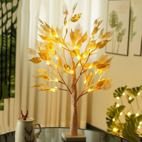 Cordas 60 cm mesa bonsai árvore luz faça você mesmo artificial folhas douradas luzes decoração para casa lâmpada fada alimentada por bateria