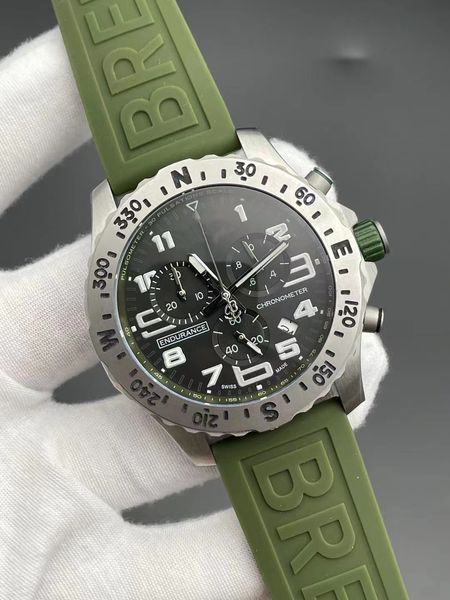 recém-chegados masculino relógio de quartzo cronômetro relógios de aço inoxidável mostrador preto pulseira de borracha verde homem cronógrafo relógio de pulso 48mm pulseira de borracha 266-5