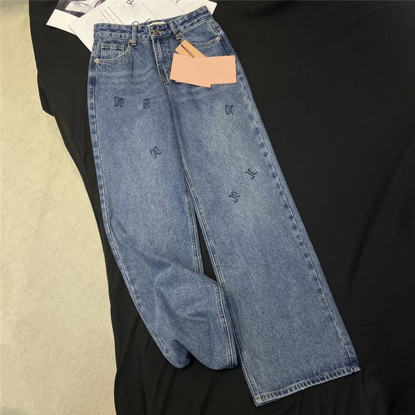 23SS FW Kadın Tasarımcı Kot Pantolon Mektup Nakış Desenli Kızlar Pamuk Vintage Yüksek Son Milan Pist Marka Sırık Katı Dış Giyim Denim Geniş Bacak Trouser