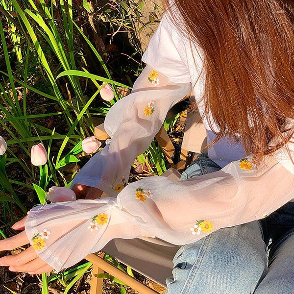 Joelheiras Femininas Protetor Solar Longo Luvas Sem Dedos Proteção Solar Renda Braço Mangas Bordado Floral Gelo Seda Fina Luva de Condução Respirável