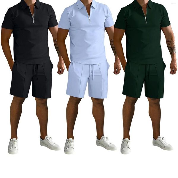 Fatos de treino masculinos com lapela e zíper, casual solto, shorts de manga curta, conjunto esportivo, risca de giz, jaqueta, noite, masculino