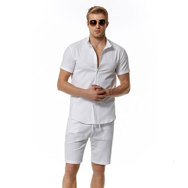 Agasalhos masculinos verão moda algodão linho Henry neck praia camiseta shorts conjuntos finos ternos esportivos macios para roupas masculinas 230718