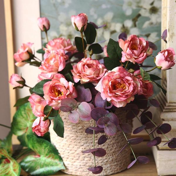 Dekorative Blumen 4 Stück Retro 3 Köpfe Herbst Pfingstrose Blume Seide für Zuhause Wohnzimmer Dekor Ornament Brautstrauß Hochzeitsarrangement