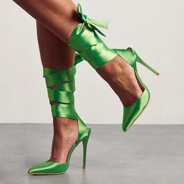 Elbise ayakkabıları yeşil saten sivri uçlu sığ kadın pompalar şerit dantel yukarı ayak ayak bileği sargısı ince topuklu kutu