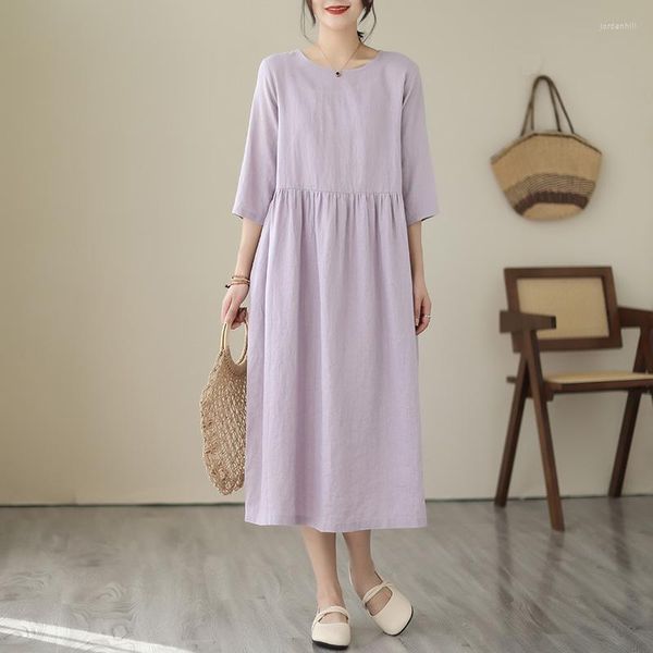 Abiti da festa Mezza manica Solido Breve O-Collo per le donne Allentato Casual Vintage Midi Abito lungo Moda Abiti eleganti Primavera Estate 2023