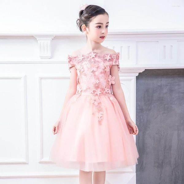 Mädchen Kleider 2023 Hochwertige handgemachte rosa Spitze Blumenkleid für Kinder Abend Ballkleid Party Pageant Erstkommunion