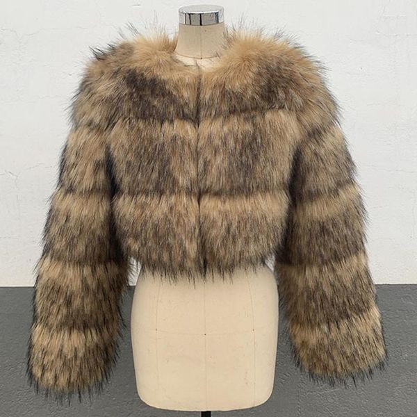 Casaco de pele feminina inverno moda feminina falso guaxinim luxuoso jaqueta curta fofa agasalhos felpudo top cropped de alta qualidade