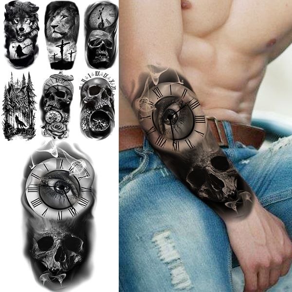 3D Black Skull Bussola Occhi Tatuaggi Temporanei Per Uomini Lupo Adulto Foresta Tatuaggio Finto Realistico Body Art Tatoo Paper