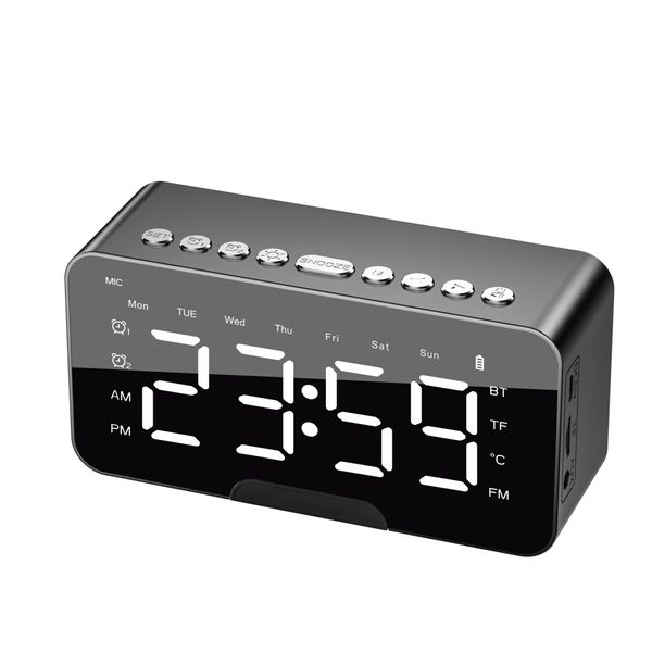 Relógio com alto-falante Bluetooth, carregamento por USB, relógio digital com alarme bluetooth com alto-falante e espelho e display LED, regulável