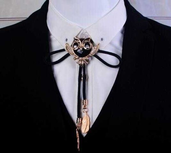 Bolo Ties Hot Collar Rope Vintage Crystal Owl Bolo Tie Gemma da uomo Papillon Cravatte per uomo Accessori collana Cravatta da sposa HKD230719