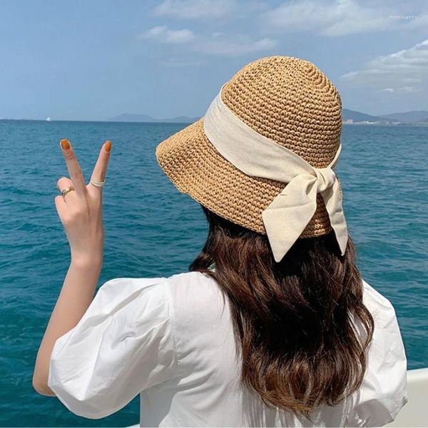 Chapéus de aba larga chapéu de palha feminino elegante de crochê verão dobrável arco oco Panama Beach para mulheres menina viseira bonés de balde ajustáveis