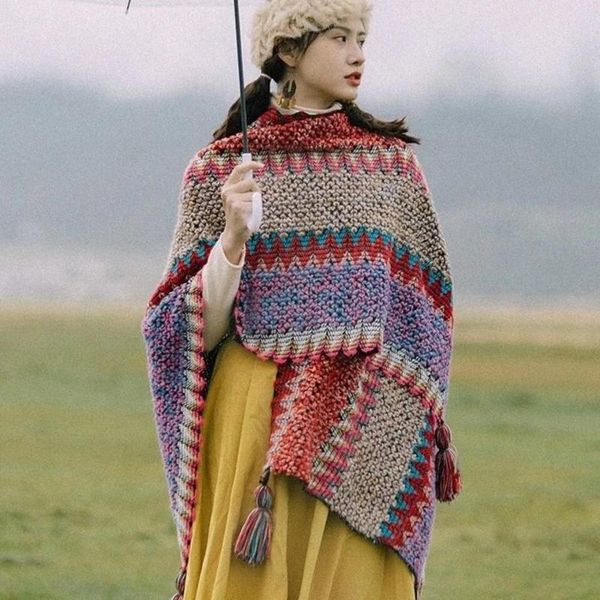 Шарфы Зимние женщины Шаль из переходного пальто Бохо кардиган вязаные пончо накиды.
