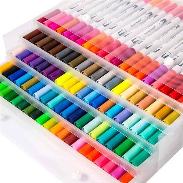 Pontas duplas 100 cores pincel fino marcador à base de tinta aquarela pincel marcador de arte esboço para desenho de mangá material escolar 211243N