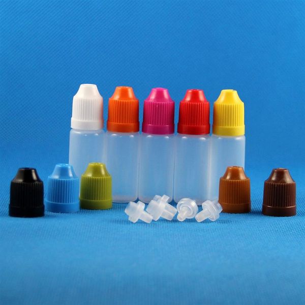 100 Set 10ml 1 3 OZ Flaconi contagocce in plastica con tappi a PROVA DI BAMBINO Liquidi LDPE E CIG Vapor Juice OIL 10 ml2176