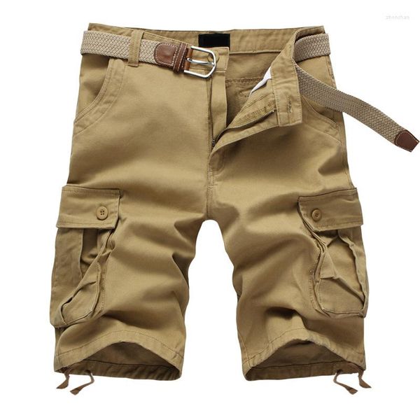 Herren-Shorts, Sommer, Baumwolle, Cargo-Männer, mehrere Taschen, einfarbig, für Herren, lässig, modisch, Militär, knielang, kurze Hosen, ohne Gürtel