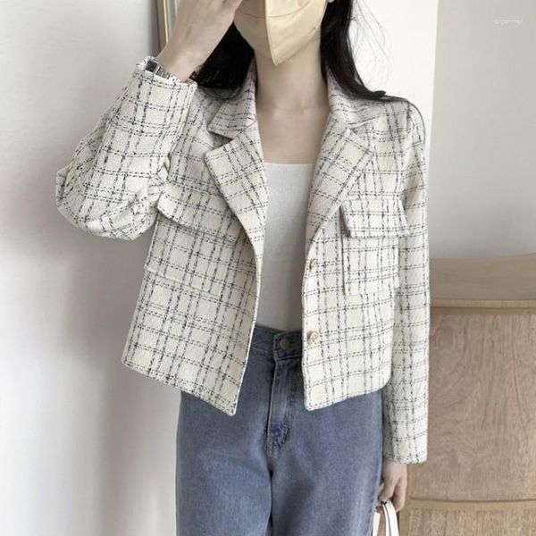 Jaquetas femininas 2023 Coreia outono xadrez tweed blazer casaco feminino elegante manga longa manga comprida jaqueta feminina para escritório roupas