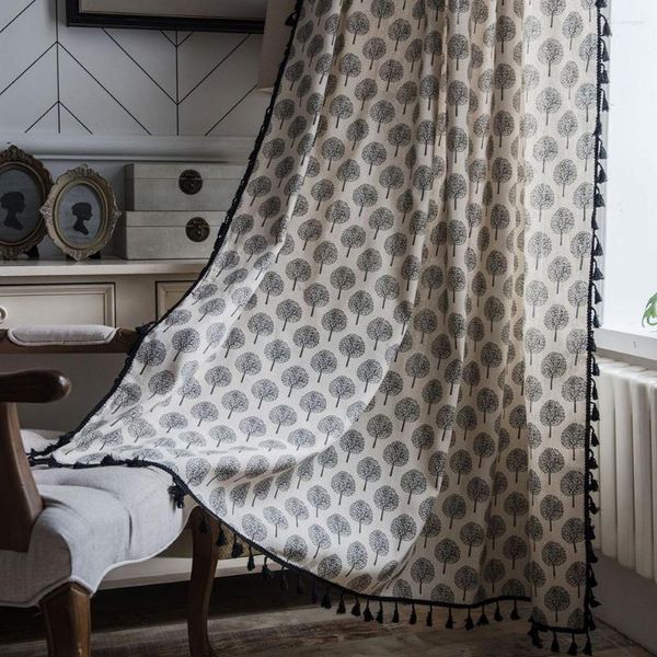 Tenda albero grigio con nappa per soggiorno tende finestre francesi semi oscuranti tende rifinite in cotone