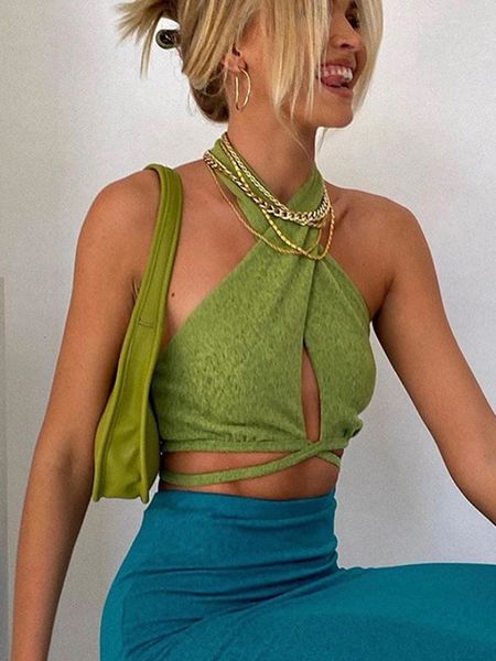 Canotte da donna Camis Green Sexy Bandage Halter Crop Top per donna Senza maniche Backless Club Party Chic Wrap Cropped Top Slim Streetwear 230718