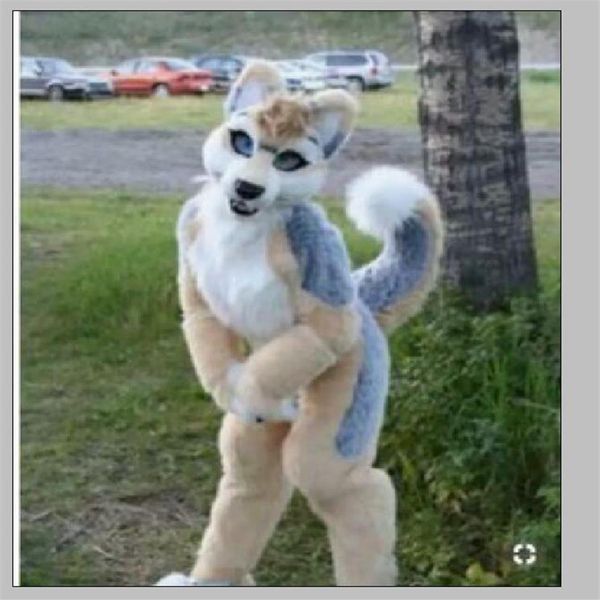 2019 Furry Husky Hund gebogene Beine Fursuit Maskottchen Kostüm Kunstpelz Anzug Erwachsene Größe Outdoor-Dekorationen2605