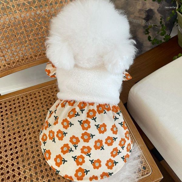 Vestuário para cães Pet Flor Vestido Roupas Outono Inverno Manga De Pelúcia Cardigã Saia Ursinho De Pelúcia Gato Casaco Filhote De Cachorro Pequeno