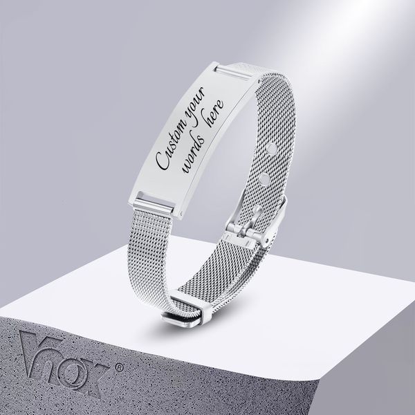 Bangle Vnox Bracciali ID personalizzati gratuiti per donna Uomo Cinturini regolabili in maglia di acciaio inossidabile Polsino Regali personalizzati Gioielli 230718