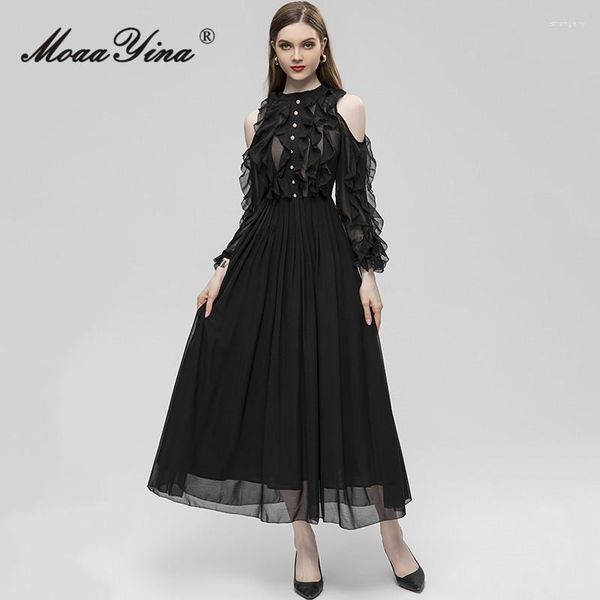 Abiti casual MoaaYina Stilista di moda estiva Abito in chiffon vintage da donna O-Collo con spalle scoperte Bottone Party Nero Pieghe lungo