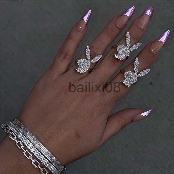 Anelli a fascia Hip Hop Moda Oro Argento Colore Coniglio Anello Rock Zircon Anelli aperti per le donne Gioielli da festa femminile Anello da dito Regalo di anniversario J230719