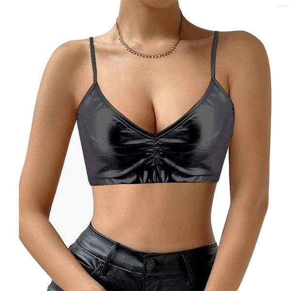 Frauen Tanks Damen Metallic Shiny Patent Leder Camisole Ladies Crop Top für Pole Dancing Ruched V Hals Tops Dace Rave Kostüm