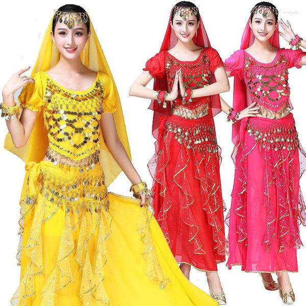 Bühnenkleidung Bollywood Bauchtanz Kostüm Set Sari Bauchtanz Rock Anzug Frauen Chiffon 4 Stück (Kopfbedeckungen Schleier Top Gürtel Rock)