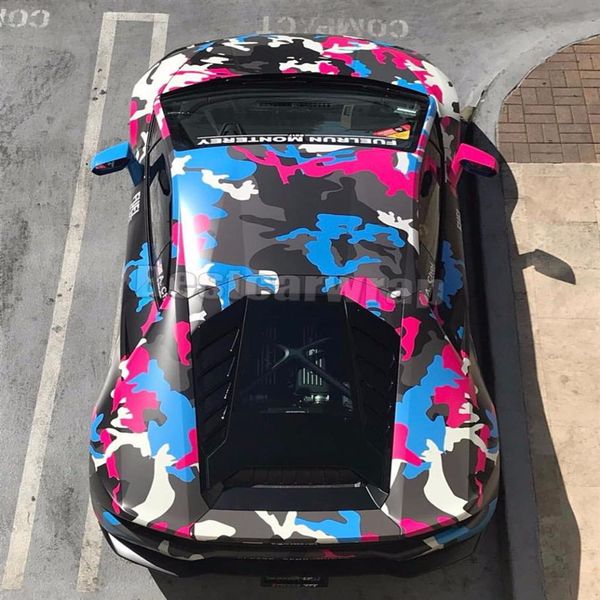 2019 colorido azul rosa preto envoltório de vinil camuflado para veículos gráficos de envoltório de carro camuflagem adesivos de folha com bolha de ar 1 52x2706