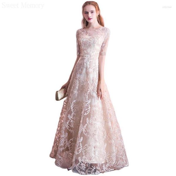 Partykleider M5118 Champagner Spitze Abschlussball Abendkleider Elegante Frau Mädchen Dame O-Ausschnitt Bodenlanges Kleid für besondere Anlässe