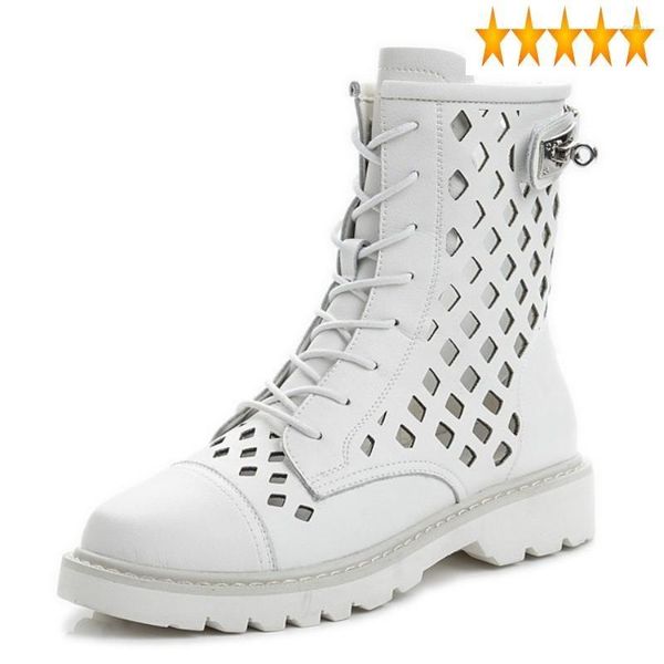 Stivali Donna Pelle Vintage Bianco Traspirante Scava Fuori Caviglia Casual Stile Inghilterra Cerniera Scarpe alte da donna per il tempo libero